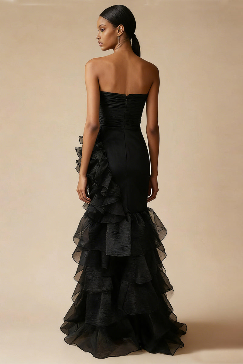 Laden Sie das Bild in den Galerie-Viewer, Schwarzes Meerjungfrauen Trägerloses Ballkleid mit Rüschen