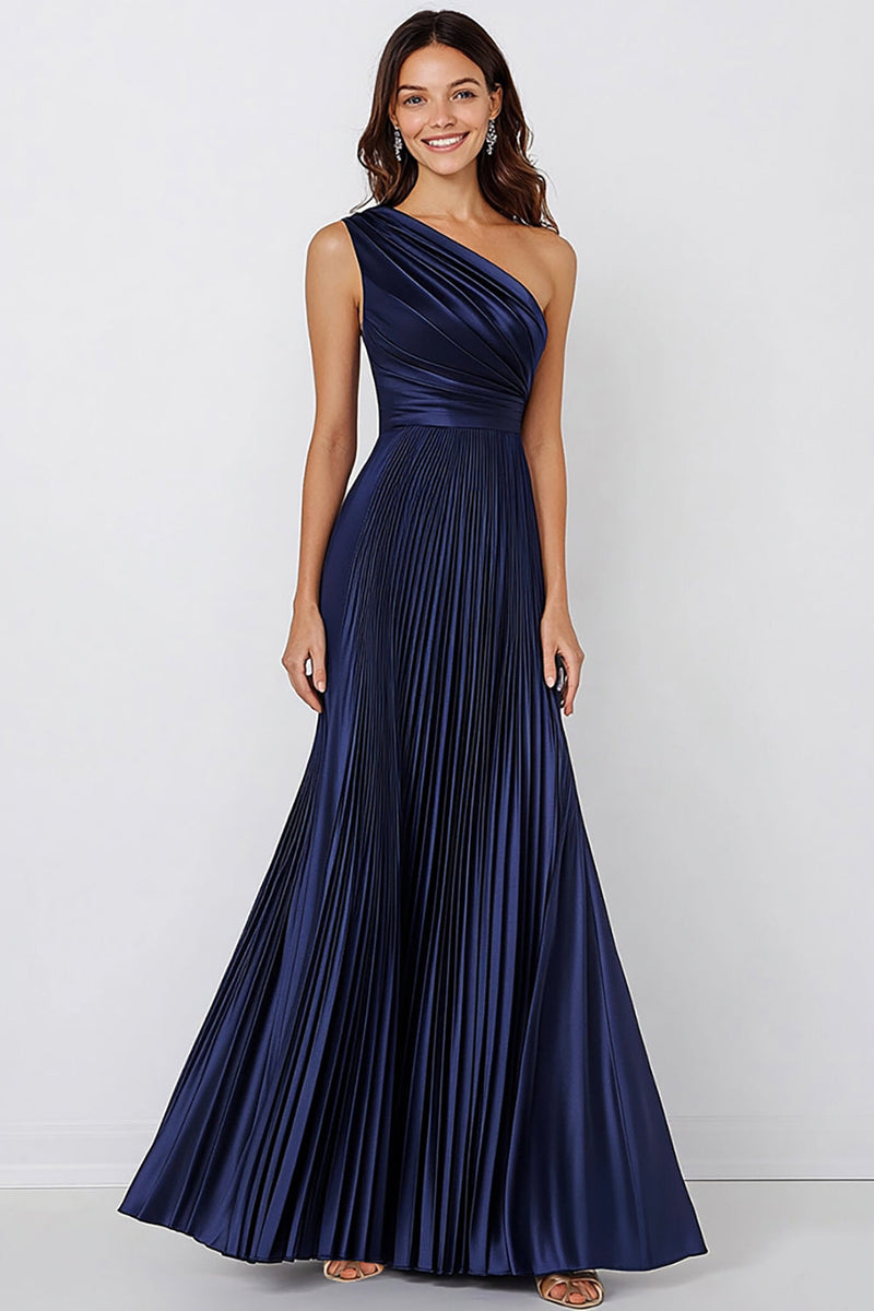 Laden Sie das Bild in den Galerie-Viewer, Eine Schulter Marineblaues Satin Meerjungfrauen Abendkleid