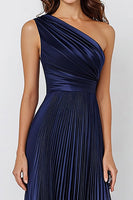 Laden Sie das Bild in den Galerie-Viewer, Eine Schulter Marineblaues Satin Meerjungfrauen Abendkleid