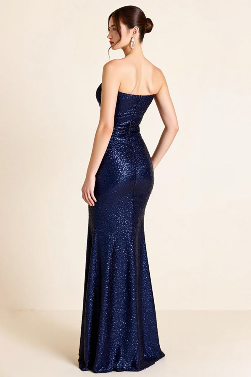 Laden Sie das Bild in den Galerie-Viewer, Glitzerndes Marineblaues Trägerloses Gerafftes Meerjungfrauen Abendkleid mit Schlitz