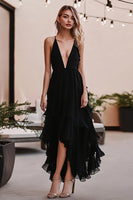 Laden Sie das Bild in den Galerie-Viewer, Schwarzes Chiffon Partykleid in A-Linie mit tiefem V-Ausschnitt