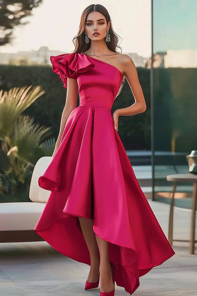 Laden Sie das Bild in den Galerie-Viewer, Fuchsia Eine Schulter High-Low Satin Ballkleid in A-Linie