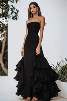 Laden Sie das Bild in den Galerie-Viewer, A Linie Schwarzes Langes Abendkleid aus Chiffon mit Rüschen
