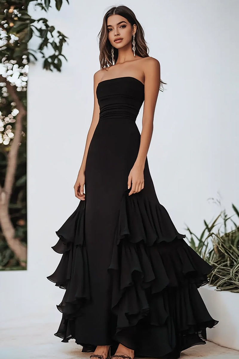 Laden Sie das Bild in den Galerie-Viewer, A Linie Schwarzes Langes Abendkleid aus Chiffon mit Rüschen
