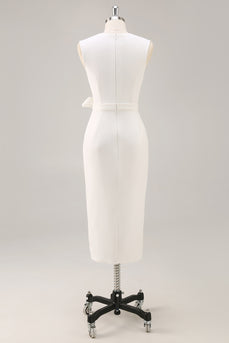 Weißes V-Ausschnitt Satin Standesamtkleid mit Gürtel