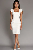 Laden Sie das Bild in den Galerie-Viewer, Weißes Knielanges Standesamtkleid mit quadratischem Ausschnitt