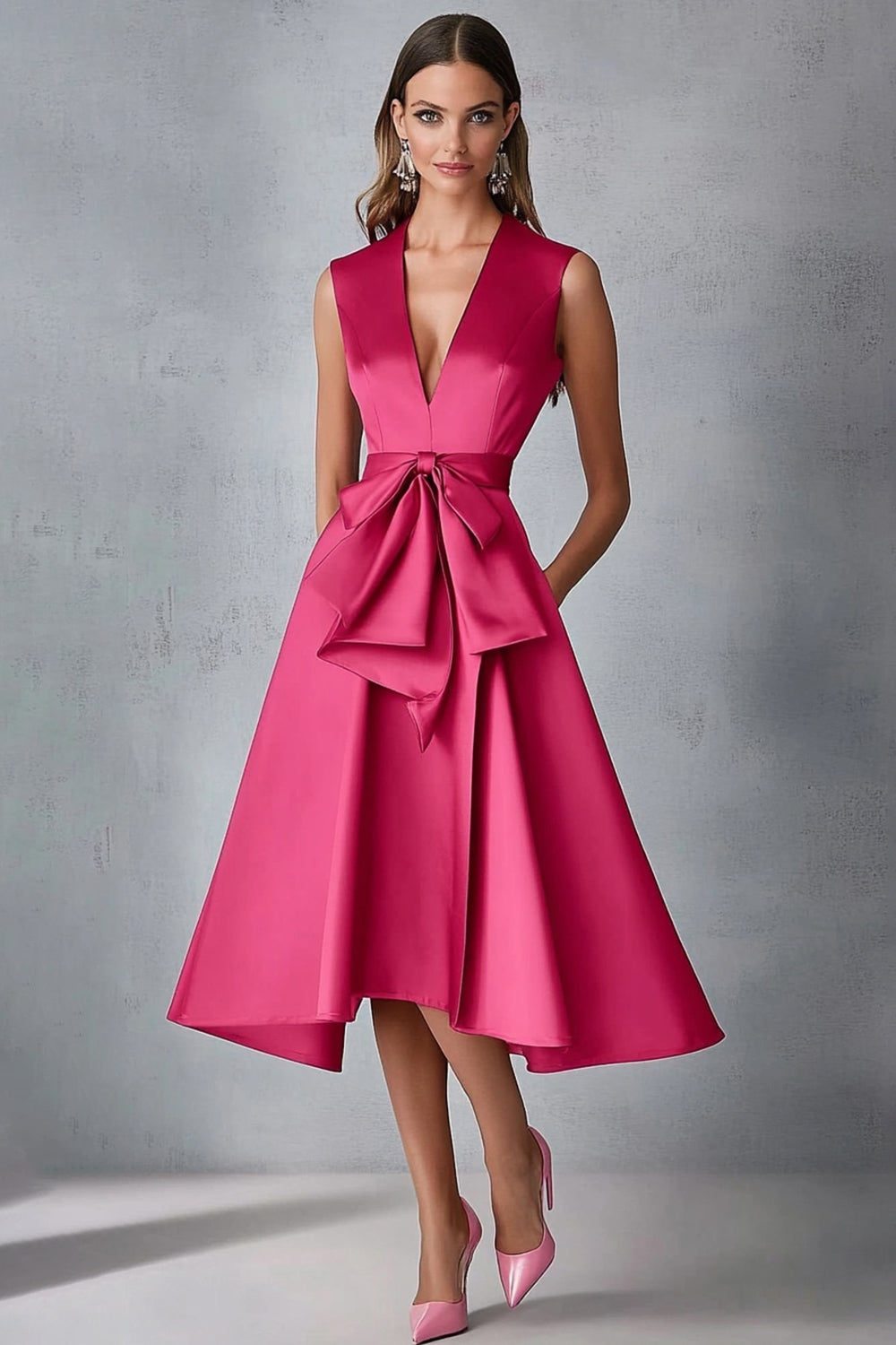 Fuchsia Satin V-Ausschnitt A-Linie Kleid für Hochzeitsgäste