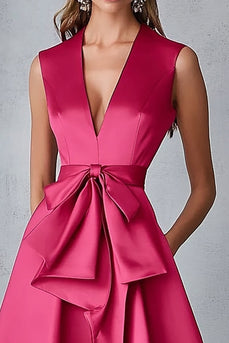Fuchsia Satin V-Ausschnitt A-Linie Kleid für Hochzeitsgäste