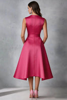 Laden Sie das Bild in den Galerie-Viewer, Fuchsia Satin V-Ausschnitt A-Linie Kleid für Hochzeitsgäste