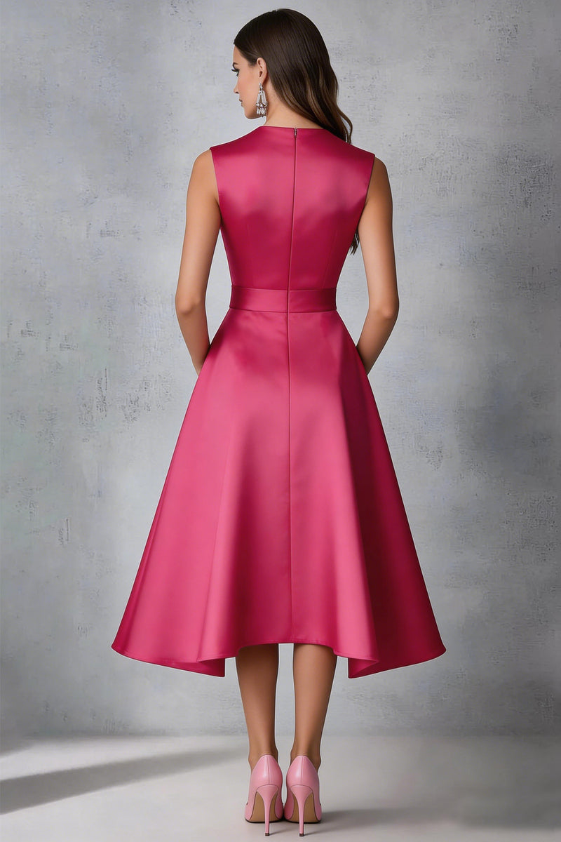 Laden Sie das Bild in den Galerie-Viewer, Fuchsia Satin V-Ausschnitt A-Linie Kleid für Hochzeitsgäste