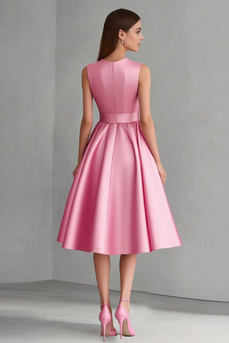 Rosa Midi Partykleid aus Satin mit V-Ausschnitt und Schleife