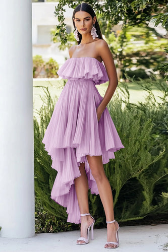 Flieder Trägerloses Midi Partykleid aus Chiffon mit Rüschen