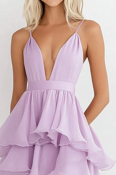 Lila Spaghettiträger Chiffon A-Linie Gestuftes Partykleid