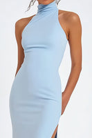 Laden Sie das Bild in den Galerie-Viewer, Himmelblaues Neckholder Satin Meerjungfrauen Ballkleid mit Schlitz