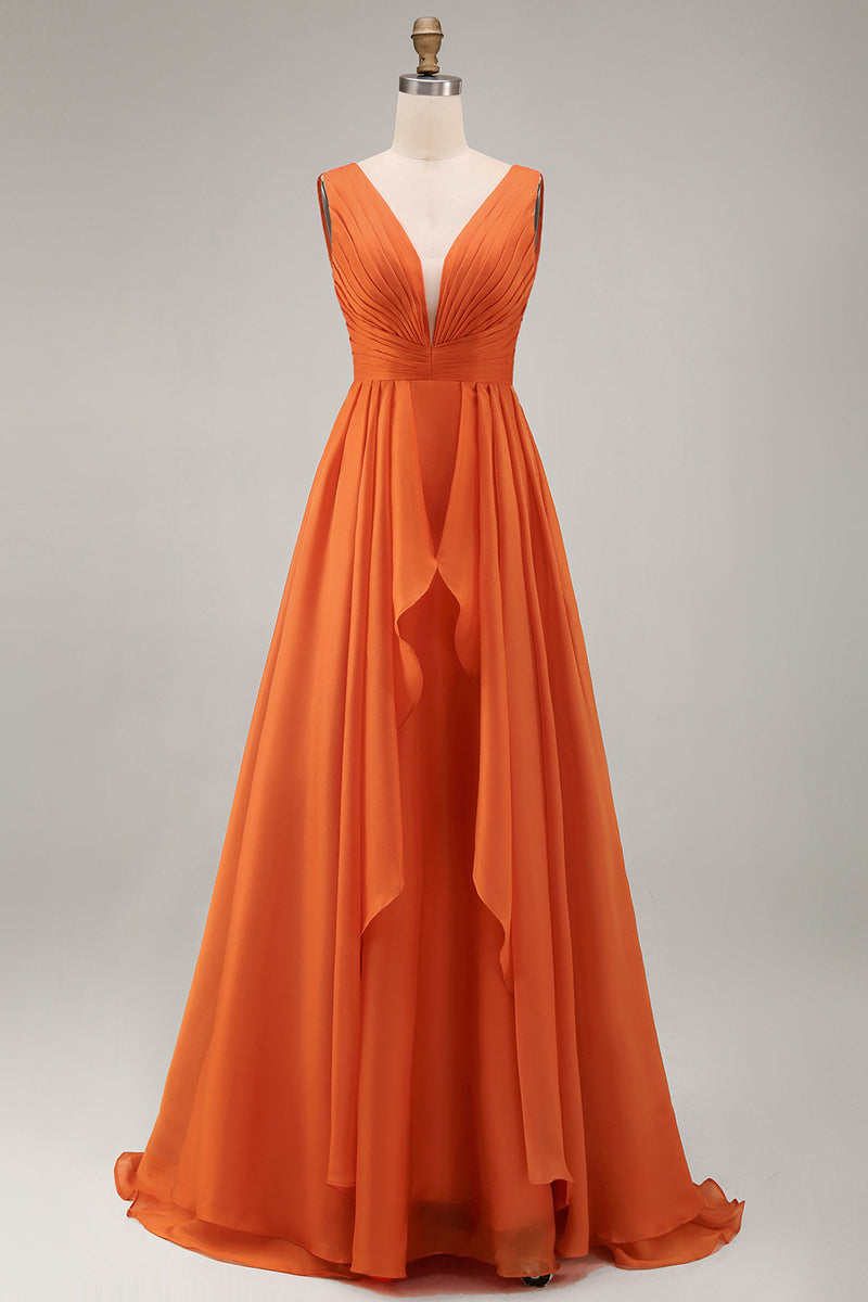 Laden Sie das Bild in den Galerie-Viewer, Orange Rüschen V-Ausschnitt A-Linie Chiffon Langes Plus-Size Hochzeitsgastkleid