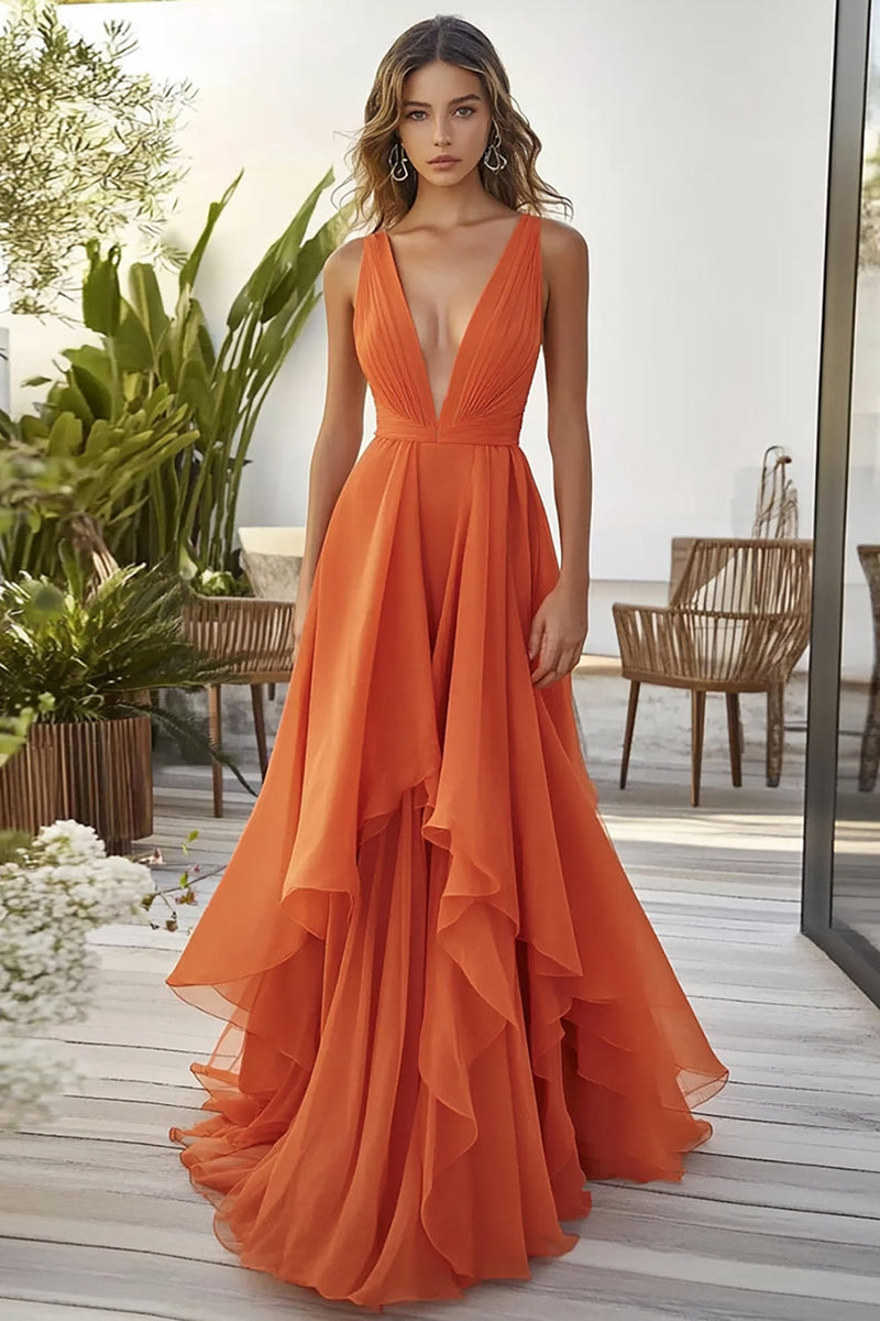 Laden Sie das Bild in den Galerie-Viewer, Orange Chiffon Hochzeitsgastkleid mit Rüschen in A-Linie