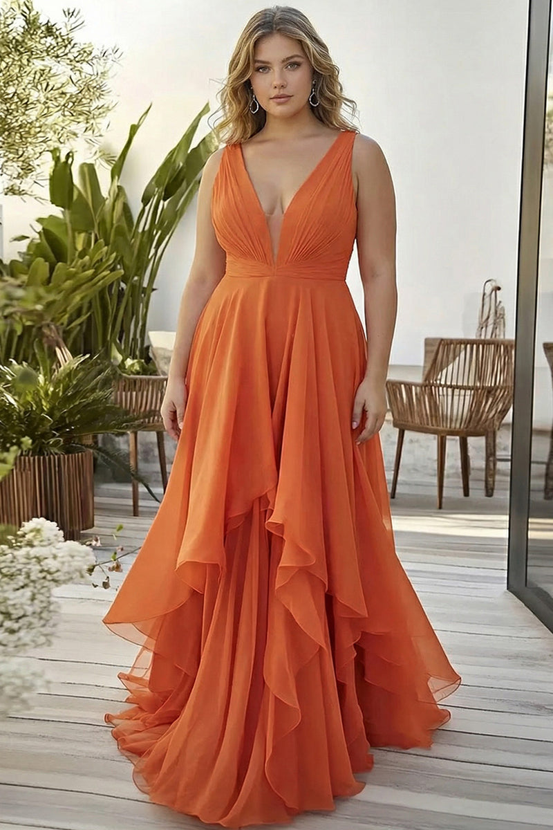 Laden Sie das Bild in den Galerie-Viewer, Orange Chiffon Hochzeitsgastkleid mit Rüschen in A-Linie