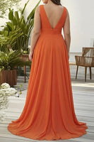 Laden Sie das Bild in den Galerie-Viewer, Orange Chiffon Hochzeitsgastkleid mit Rüschen in A-Linie