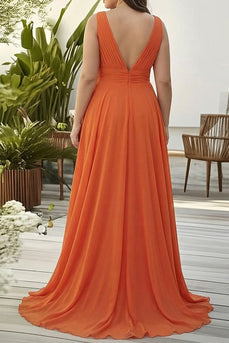 Orange Rüschen V-Ausschnitt A-Linie Chiffon Langes Plus-Size Hochzeitsgastkleid