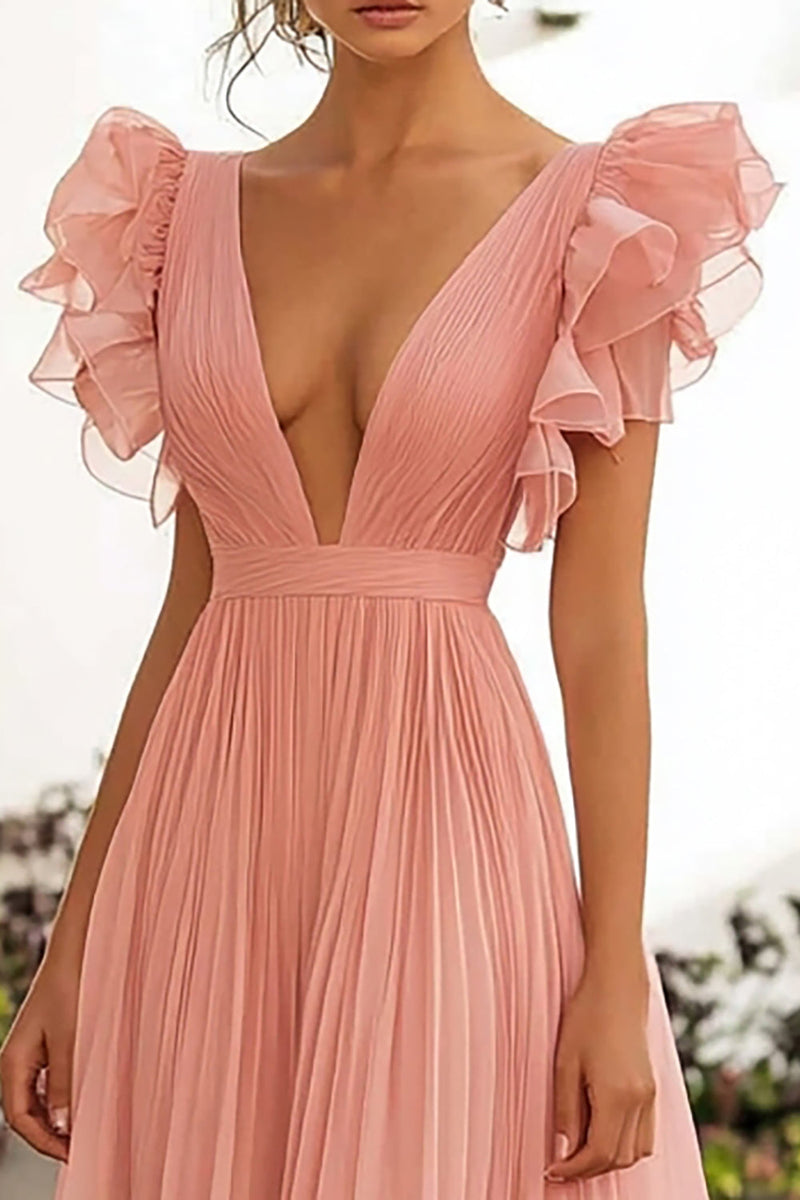 Laden Sie das Bild in den Galerie-Viewer, Rosa A-Linie Rüschen V-Ausschnitt Langes Hochzeitsgastkleid