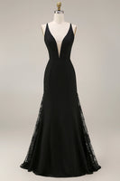 Laden Sie das Bild in den Galerie-Viewer, Schwarzes Meerjungfrauen-Satin-Langes Festkleid mit Spitze
