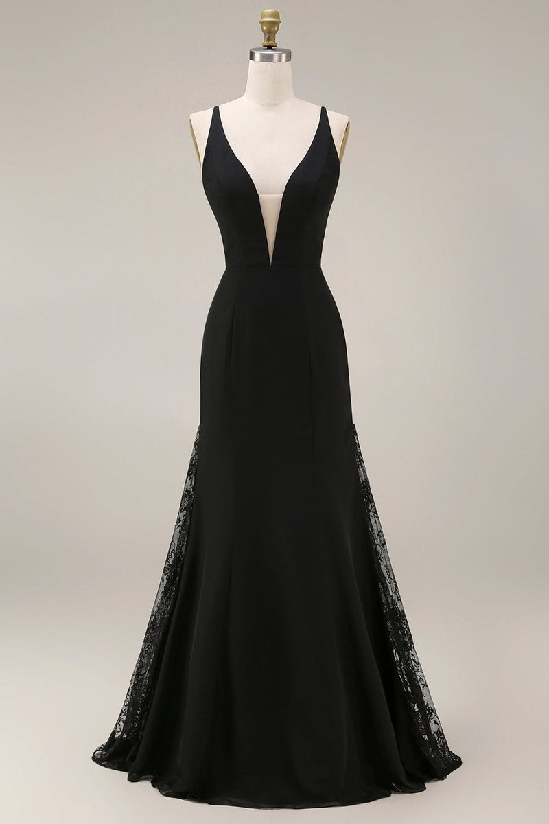 Laden Sie das Bild in den Galerie-Viewer, Schwarzes Meerjungfrauen-Satin-Langes Festkleid mit Spitze
