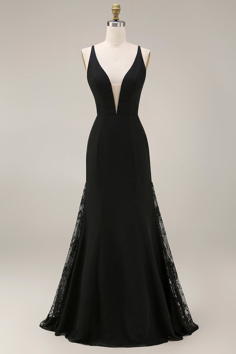 Laden Sie das Bild in den Galerie-Viewer, Schwarzes Meerjungfrauen Satin Hochzeitsgastkleid mit Spitze