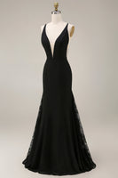 Laden Sie das Bild in den Galerie-Viewer, Schwarzes Meerjungfrauen-Satin-Langes Festkleid mit Spitze