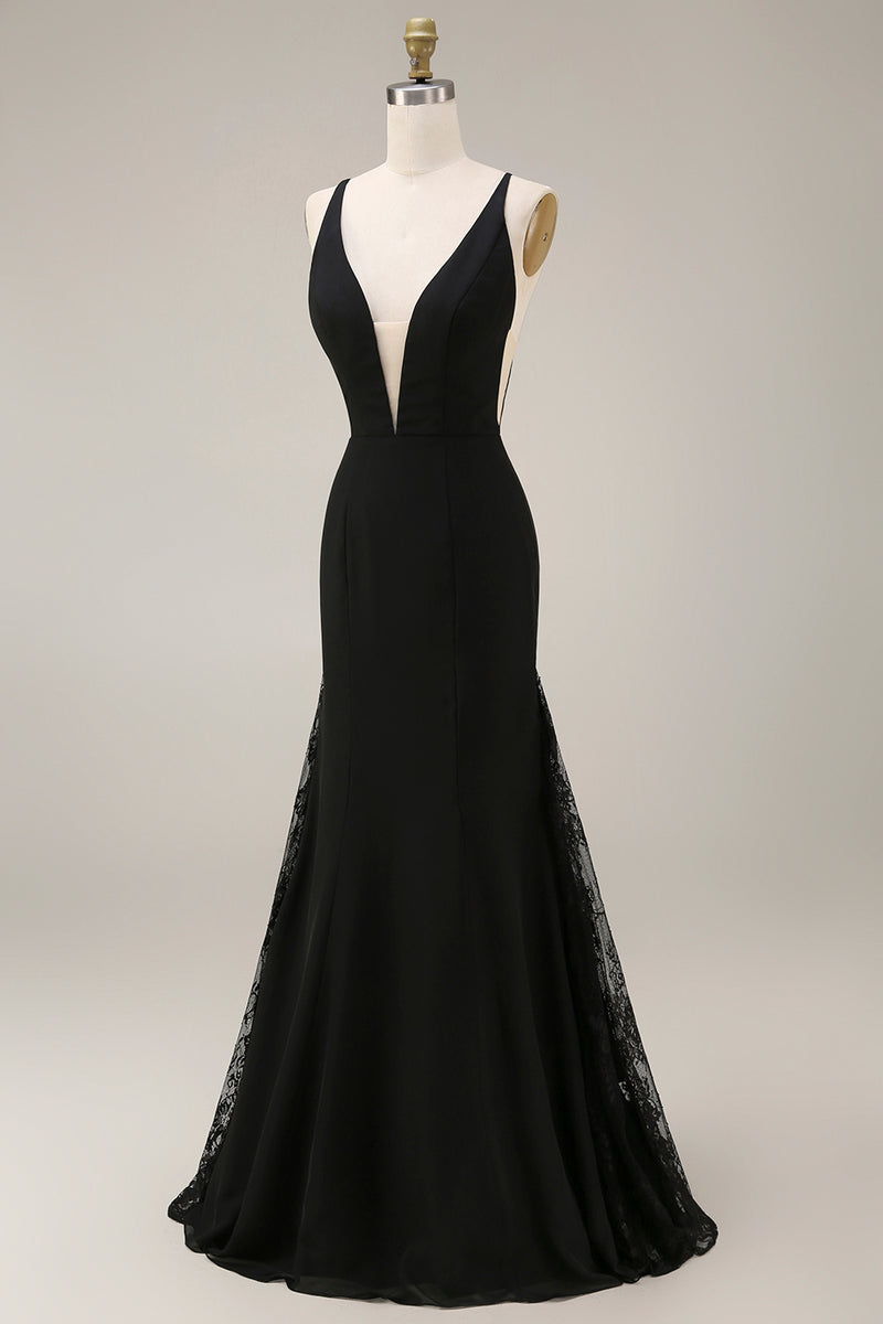 Laden Sie das Bild in den Galerie-Viewer, Schwarzes Meerjungfrauen Satin Hochzeitsgastkleid mit Spitze