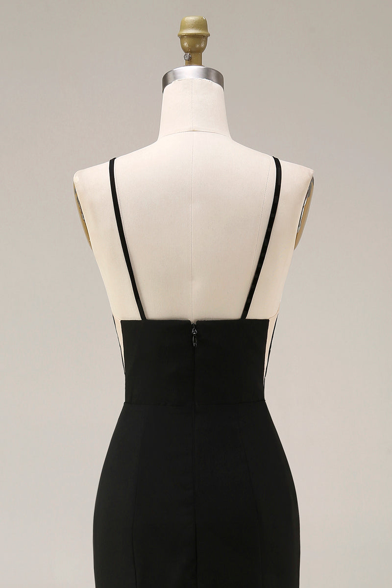 Laden Sie das Bild in den Galerie-Viewer, Schwarzes Meerjungfrauen Satin Hochzeitsgastkleid mit Spitze