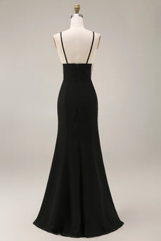Schwarzes Meerjungfrauen Satin Hochzeitsgastkleid mit Spitze