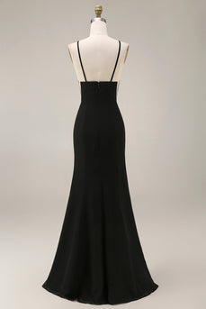 Schwarzes Meerjungfrauen-Satin-Langes Festkleid mit Spitze