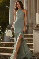 Laden Sie das Bild in den Galerie-Viewer, Neckholder Dusty Sage Meerjungfrau Chiffon Spitze Brautjungfernkleid