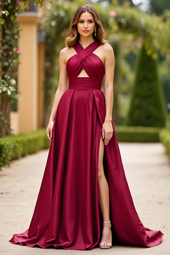 Burgundy Neckholder Cut-Out Abendkleid aus Satin