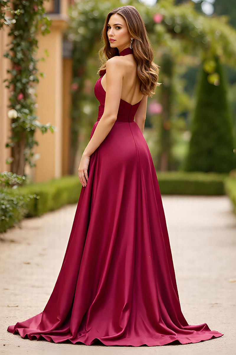 Laden Sie das Bild in den Galerie-Viewer, Burgundy Neckholder Cut-Out Abendkleid aus Satin