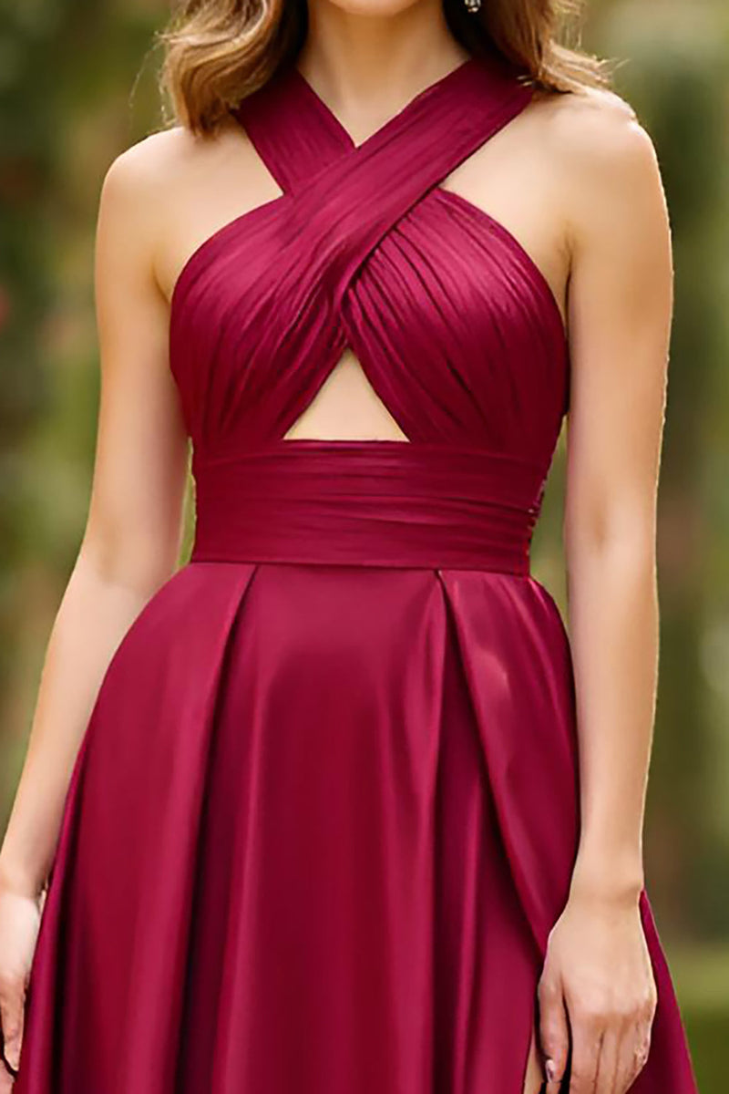 Laden Sie das Bild in den Galerie-Viewer, Burgundy Neckholder Cut-Out Abendkleid aus Satin