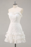 Laden Sie das Bild in den Galerie-Viewer, Weißes Kurzes A-Linie Trägerloses Spitze Standesamtkleid