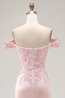 Laden Sie das Bild in den Galerie-Viewer, Rosa Meerjungfrau Schulterfreies Langes Abendkleid mit Applikationen