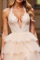 Laden Sie das Bild in den Galerie-Viewer, Neckholder Rosa Tüll Spitze Gestuftes Ballkleid mit Schlitz