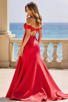 Laden Sie das Bild in den Galerie-Viewer, Rotes A-Linie Schulterfreies Ballkleid aus Satin mit Schlitz