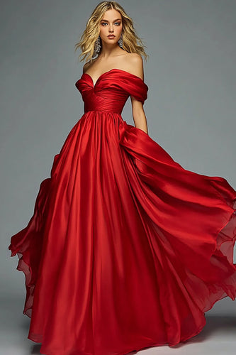 Rotes Schulterfreies A-Linie Plissee Ballkleid