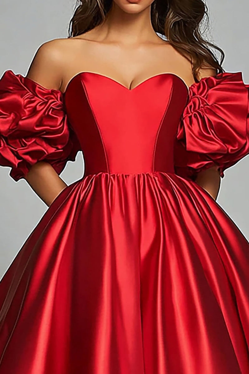 Laden Sie das Bild in den Galerie-Viewer, Rotes Schulterfreies Ballkleid aus Satin mit Rüschen