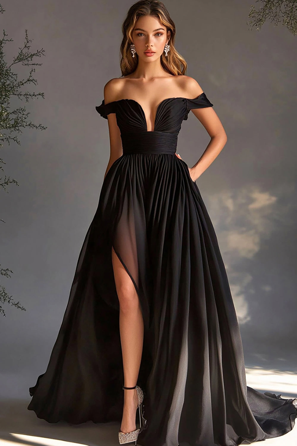 Schwarzes schulterfreies A-Linie Chiffon Ballkleid