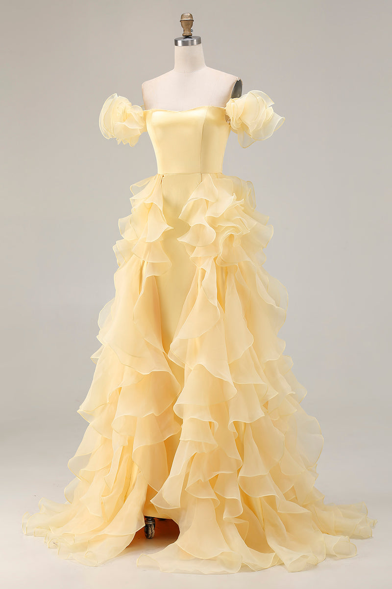 Laden Sie das Bild in den Galerie-Viewer, Gelbes schulterfreies Meerjungfrauen-Satinkleid mit Rüschen