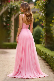 Rosa A-Linie Spaghettiträger Chiffon Ballkleid
