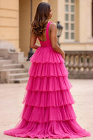 Laden Sie das Bild in den Galerie-Viewer, Fuchsia A-Linie Tüll Ballkleid mit V-Ausschnitt und Rüschen