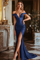 Laden Sie das Bild in den Galerie-Viewer, Glitzerndes Goldenes Meerjungfrauen Schulterfreies Ballkleid mit Schlitz