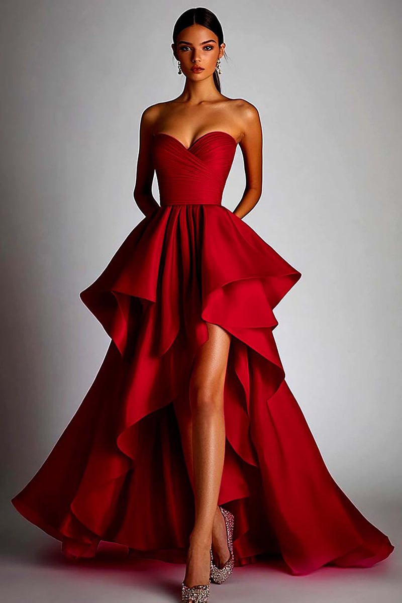 Laden Sie das Bild in den Galerie-Viewer, Herzausschnitt Fuchsia A Linie Rüschen High Low Ballkleid