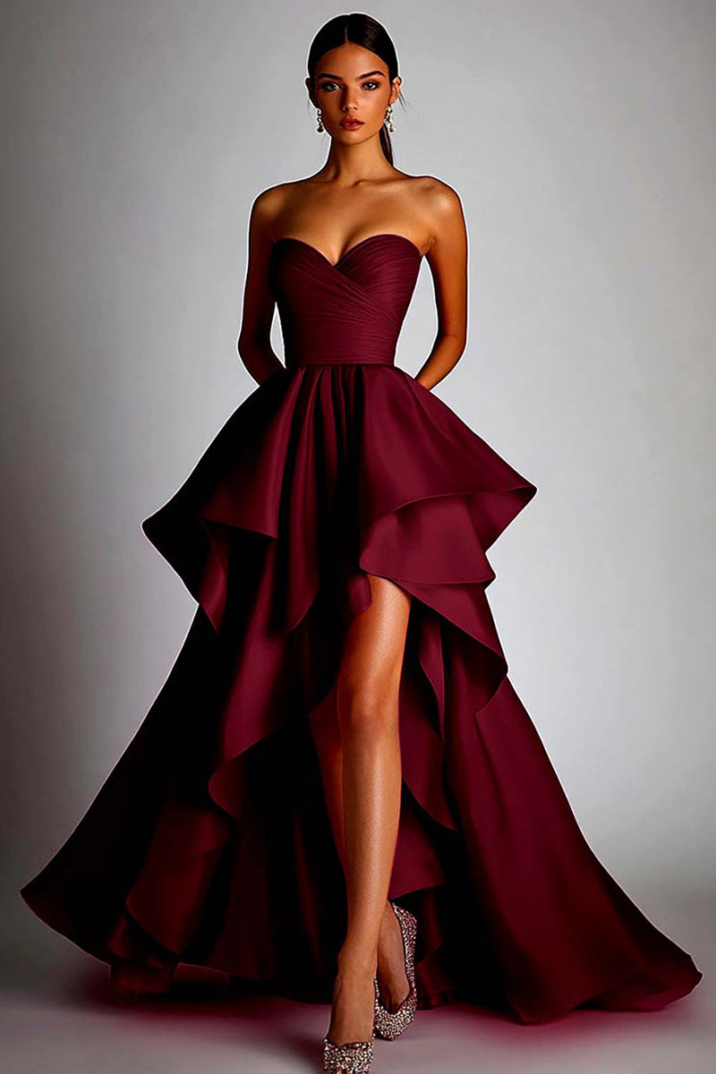 Laden Sie das Bild in den Galerie-Viewer, Herzausschnitt Fuchsia A Linie Rüschen High Low Ballkleid