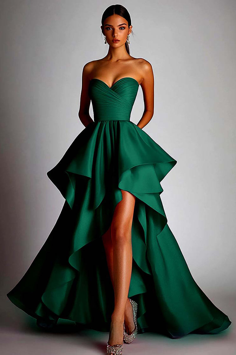 Laden Sie das Bild in den Galerie-Viewer, Herzausschnitt Fuchsia A Linie Rüschen High Low Ballkleid